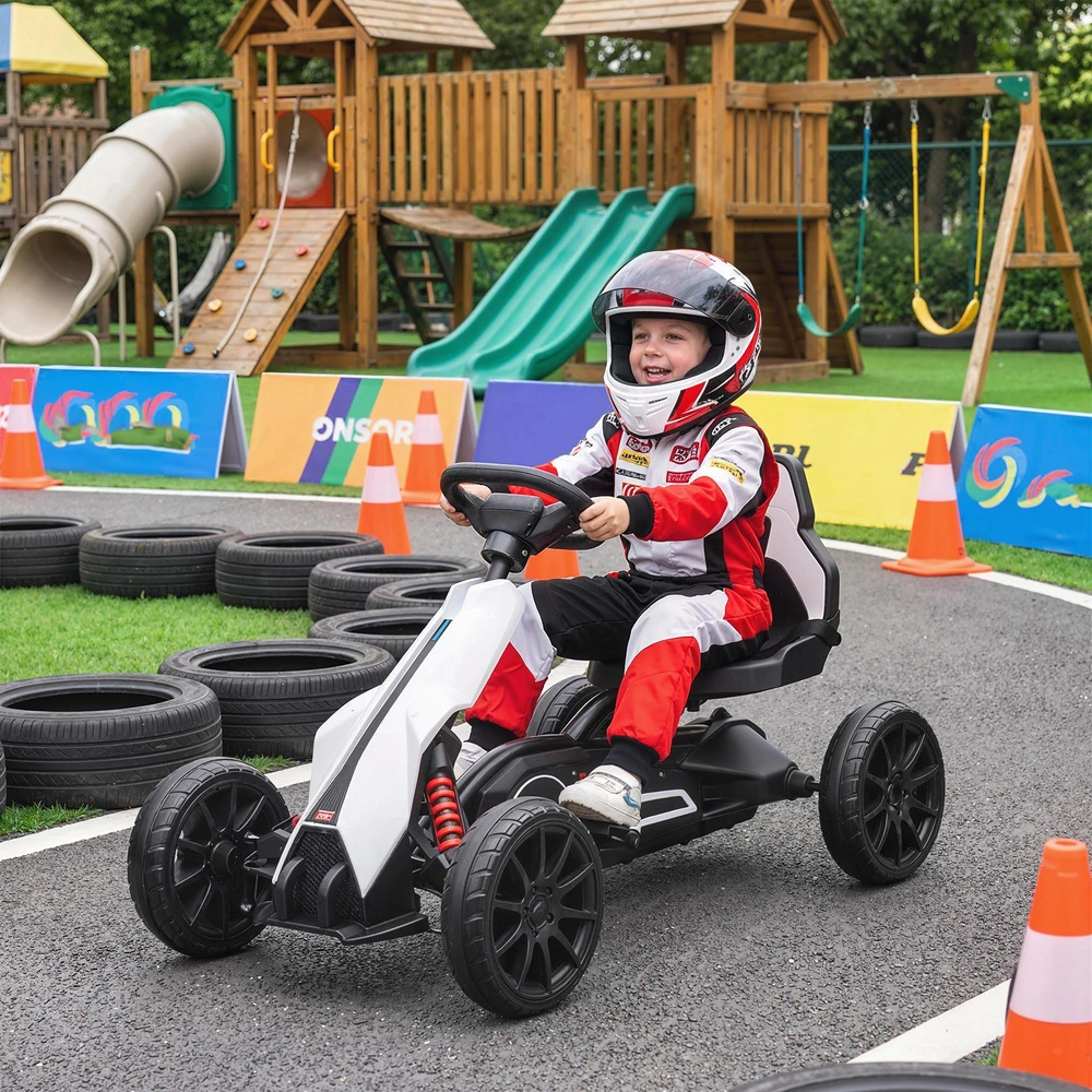 Vaikiškas elektrinis kartingas HOMCOM, 12 V, 3–5 km/h, drifto kartas su 2 reguliuojamais režimais, saugos diržu, vairu, vaikiška transporto priemonė 3–8 metų vaikams, baltas