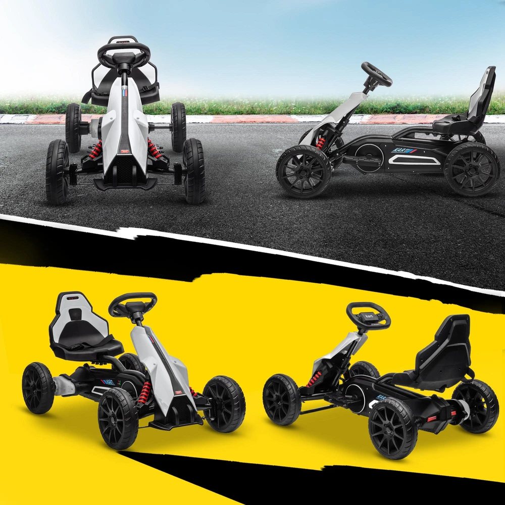 Vaikiškas elektrinis kartingas HOMCOM, 12 V, 3–5 km/h, drifto kartas su 2 reguliuojamais režimais, saugos diržu, vairu, vaikiška transporto priemonė 3–8 metų vaikams, baltas