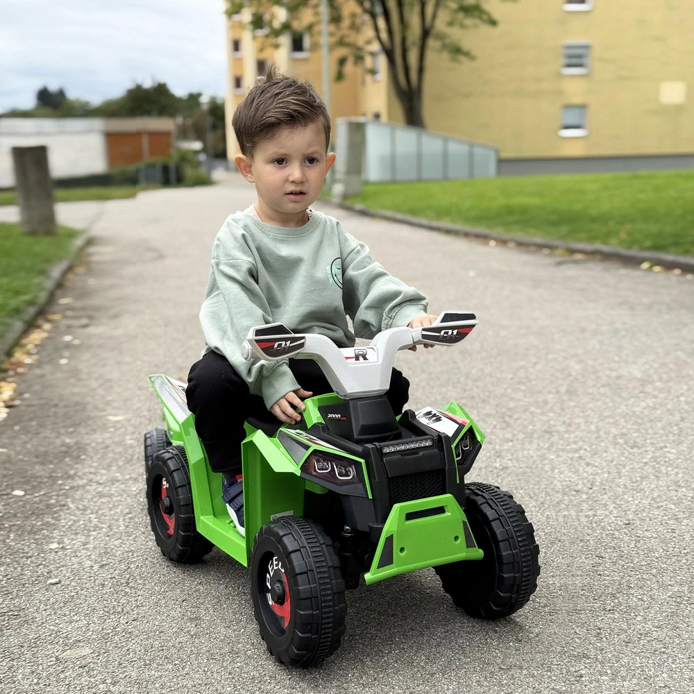 HOMCOM vaikiškas keturratis elektrinis, 6V elektromobilis su priekaba, vaikiška transporto priemonė 1,5-3 metų vaikams, 2,5 km/h, metalas, žalias