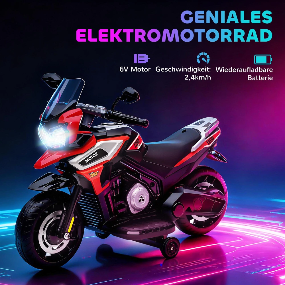 Vaikiškas elektrinis motociklas, 18-36 mėn., sėdimas žaislas, pagalbiniai ratukai, žibintai, muzika, plastikas, plienas, raudonas
