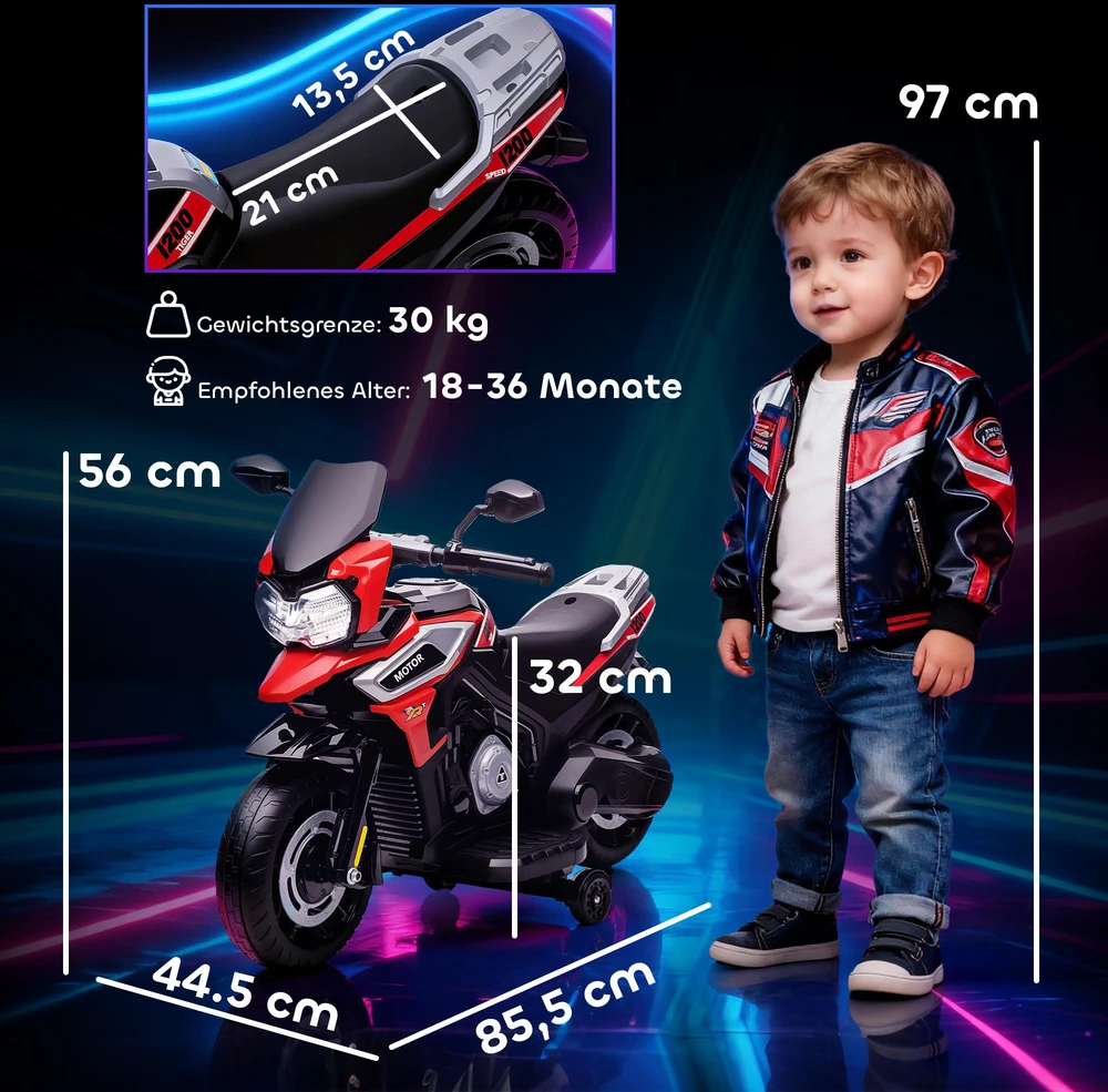 Vaikiškas elektrinis motociklas, 18-36 mėn., sėdimas žaislas, pagalbiniai ratukai, žibintai, muzika, plastikas, plienas, raudonas