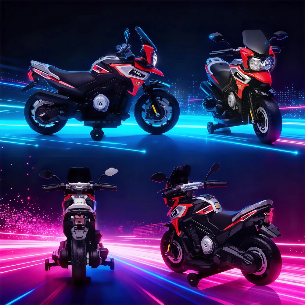 Vaikiškas elektrinis motociklas, 18-36 mėn., sėdimas žaislas, pagalbiniai ratukai, žibintai, muzika, plastikas, plienas, raudonas