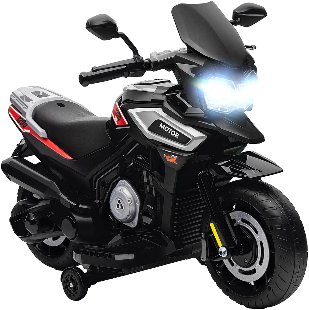 Vaikiškas elektrinis motociklas 18-36 mėnesių vaikams, transporto priemonė su pagalbiniais ratukais, šviesomis, muzika, plastikas, plienas, juodas