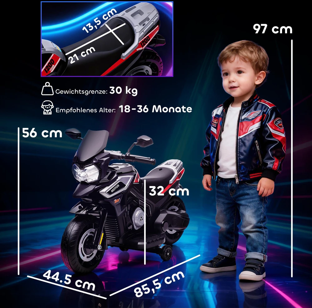 Vaikiškas elektrinis motociklas 18-36 mėnesių vaikams, transporto priemonė su pagalbiniais ratukais, šviesomis, muzika, plastikas, plienas, juodas