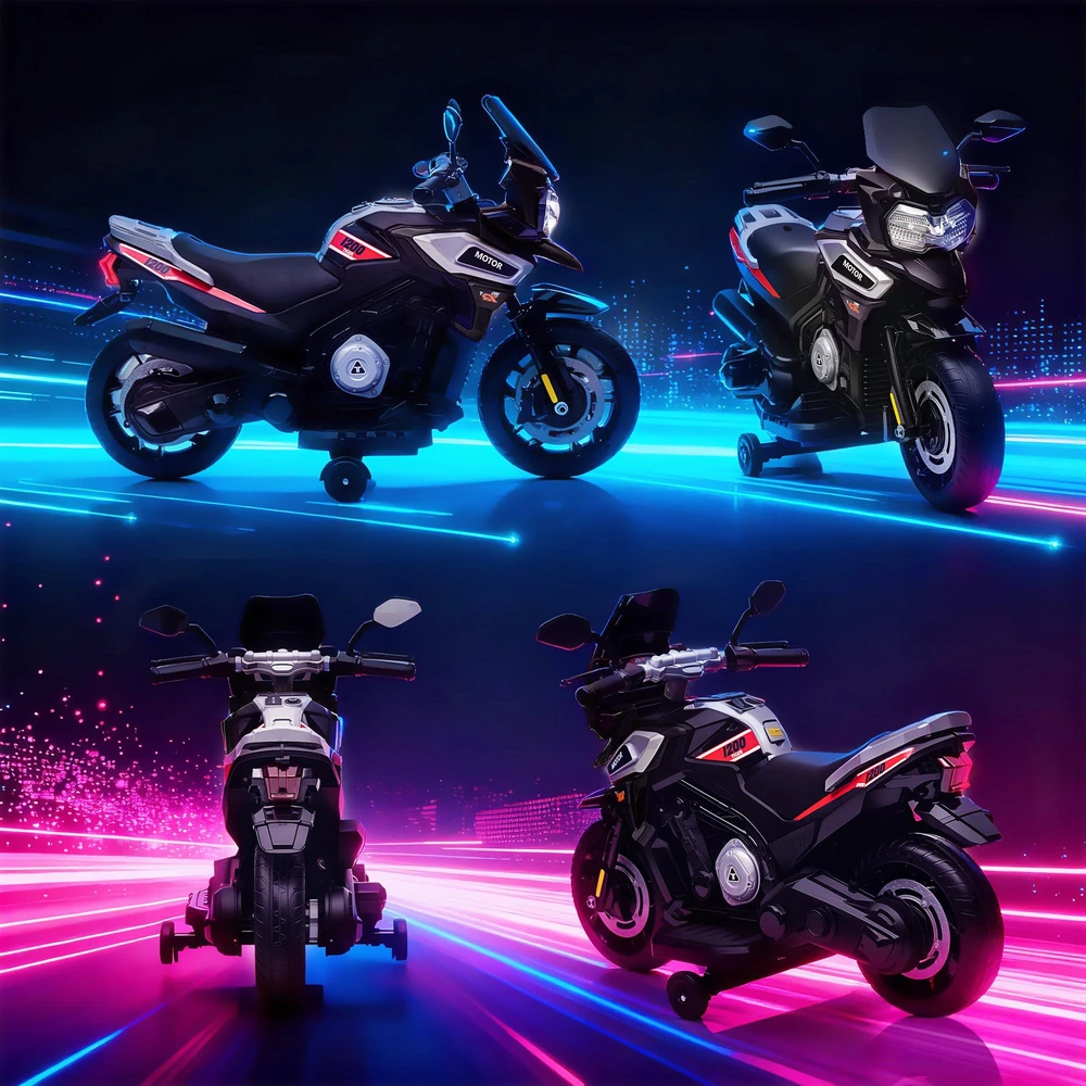 Vaikiškas elektrinis motociklas 18-36 mėnesių vaikams, transporto priemonė su pagalbiniais ratukais, šviesomis, muzika, plastikas, plienas, juodas