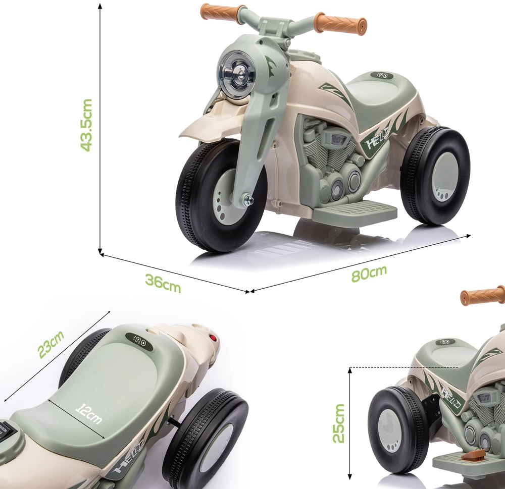 Vaikiškas elektrinis motociklas AIYAPLAY, 6V, su muzika ir burbulų pūtimo funkcija, su žibintais, 2,5-3 km/val., 2-5 metų vaikams, iki 30 kg, kreminės baltos spalvos