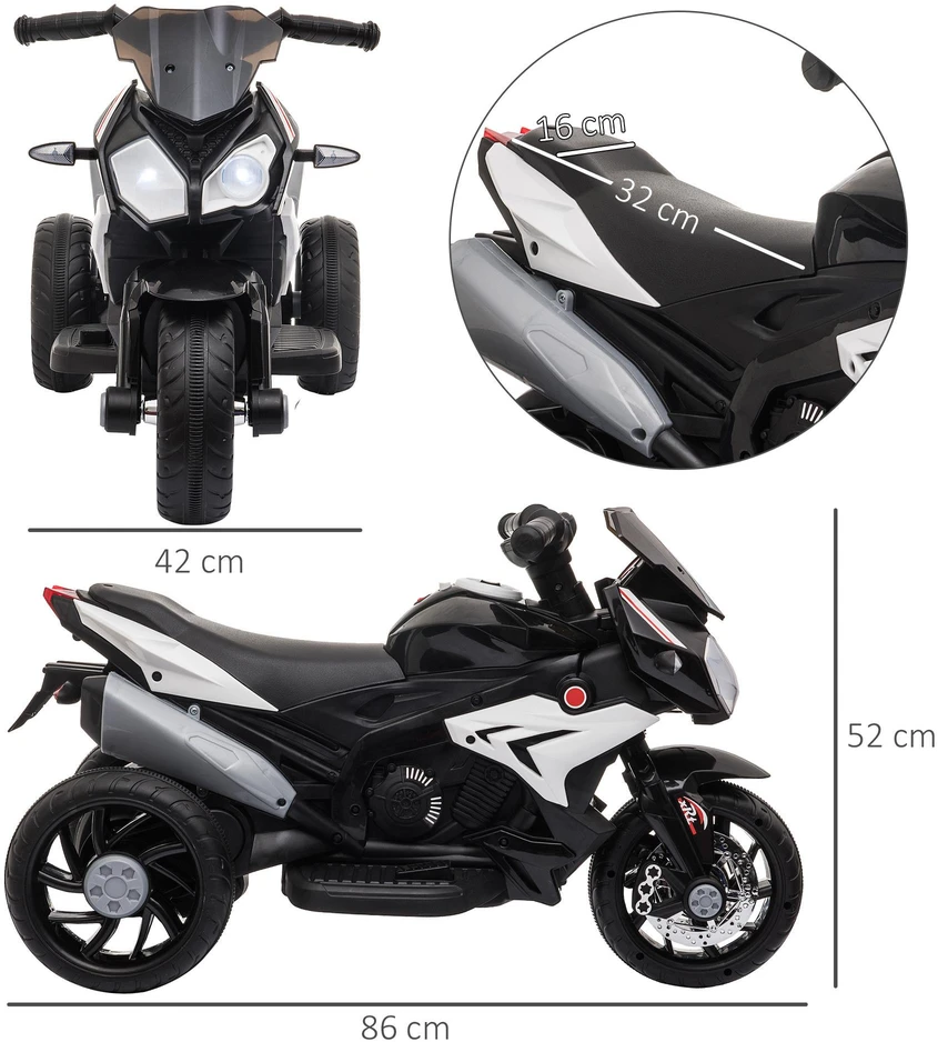 Vaikiškas elektrinis motociklas HOMCOM, šviesos ir garsai, 3 km/h, įkraunamas, plastikas ir metalas, juoda/balta