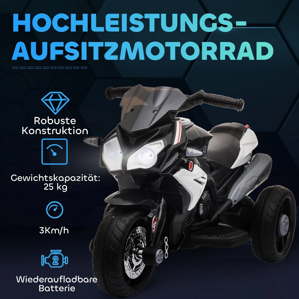 Vaikiškas elektrinis motociklas HOMCOM, šviesos ir garsai, 3 km/h, įkraunamas, plastikas ir metalas, juoda/balta