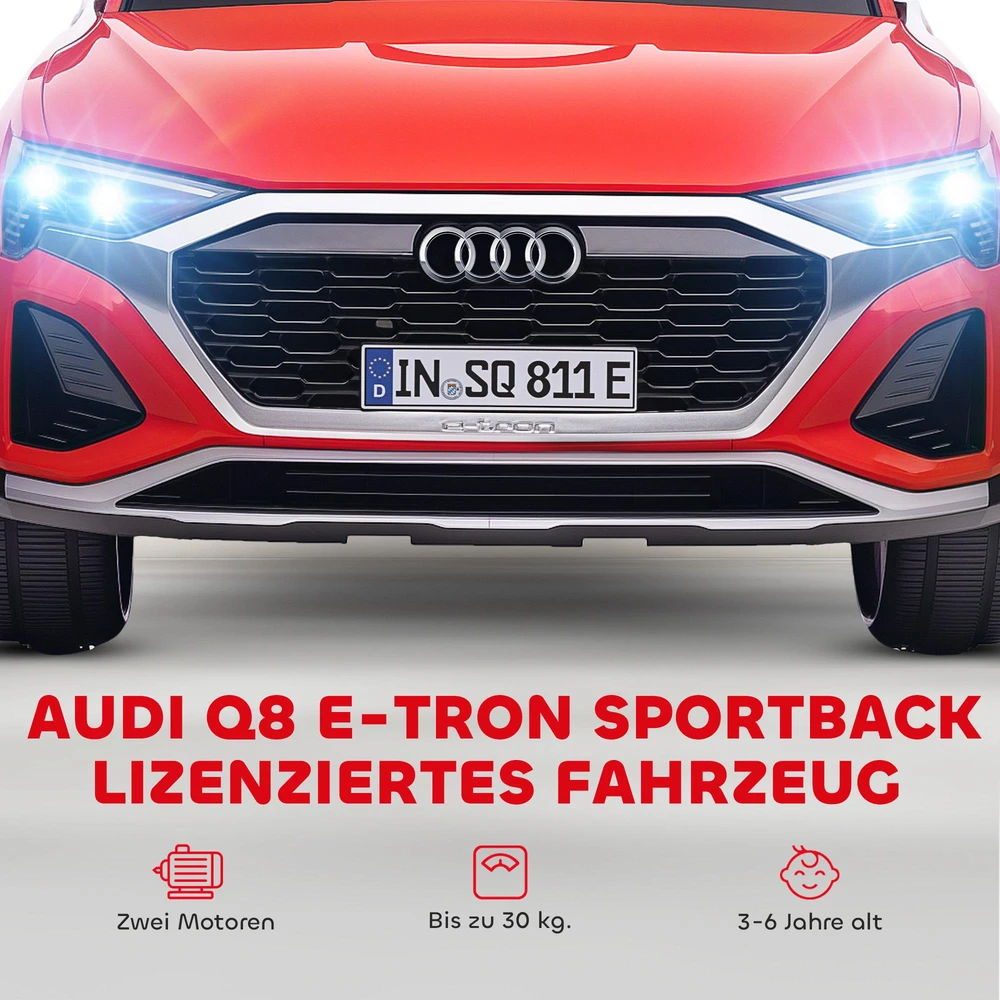 Vaikiškas elektromobilis, 12V Audi Q8, 3-5 km/val., nuotolinio valdymo pultas, žibintai, muzika, raudonas