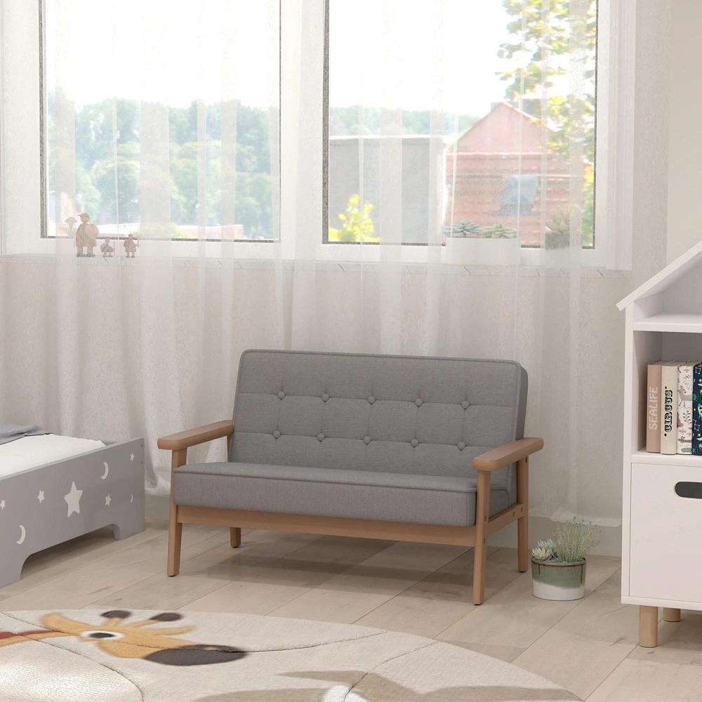 Vaikiškas fotelis, dvivietė vaikiška sofa su mediniu rėmu, pilka, 3-15 metų vaikams