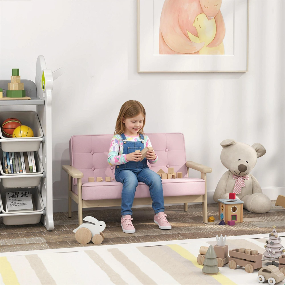 Vaikiškas fotelis, vaikiška sofa su mediniu rėmu, pliušo optika, paminkštintas, vaikams nuo 3-15 metų, rožinė