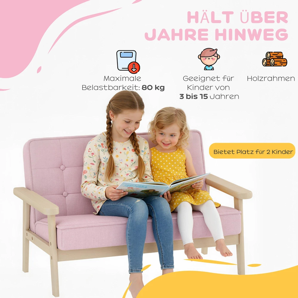 Vaikiškas fotelis, vaikiška sofa su mediniu rėmu, pliušo optika, paminkštintas, vaikams nuo 3-15 metų, rožinė