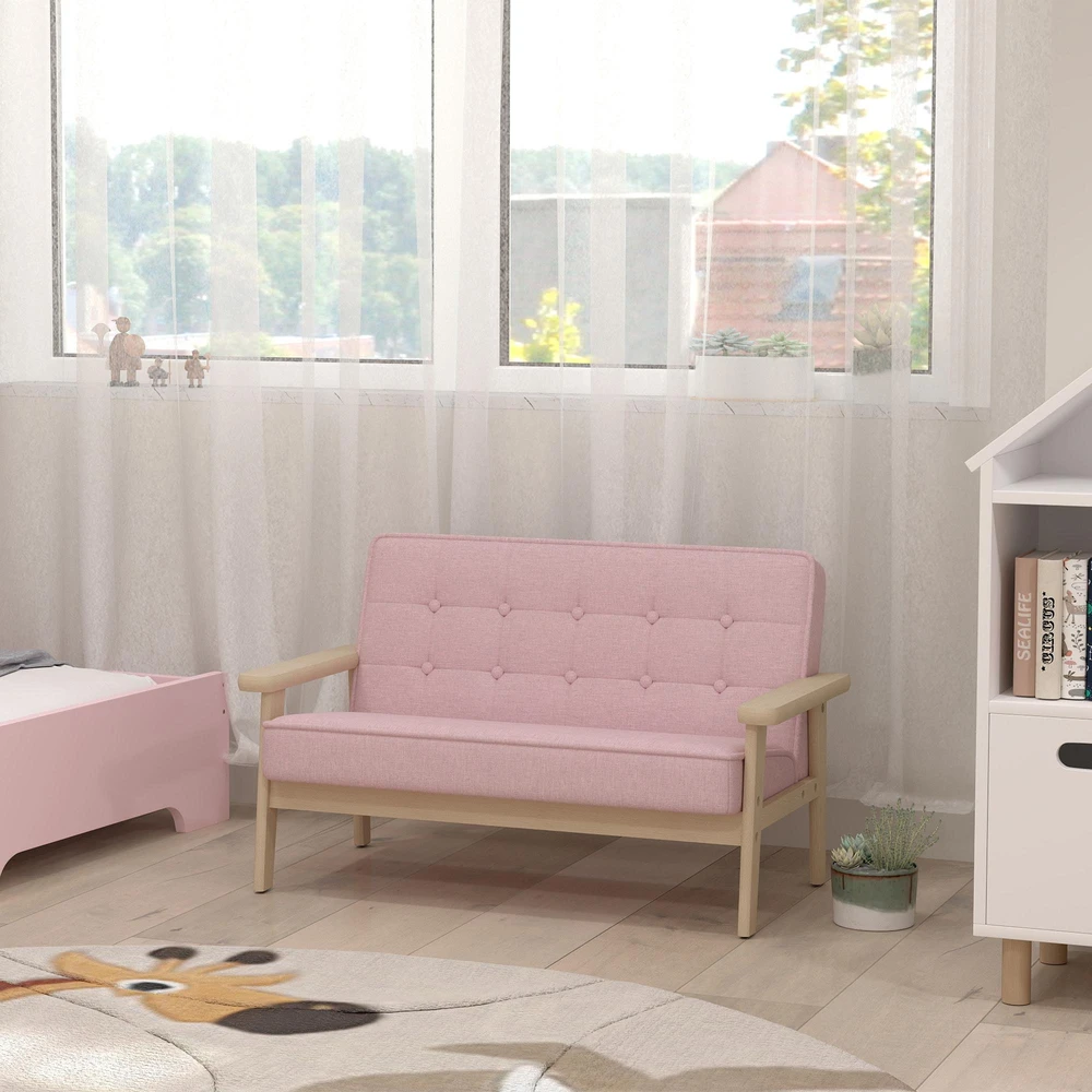 Vaikiškas fotelis, vaikiška sofa su mediniu rėmu, pliušo optika, paminkštintas, vaikams nuo 3-15 metų, rožinė