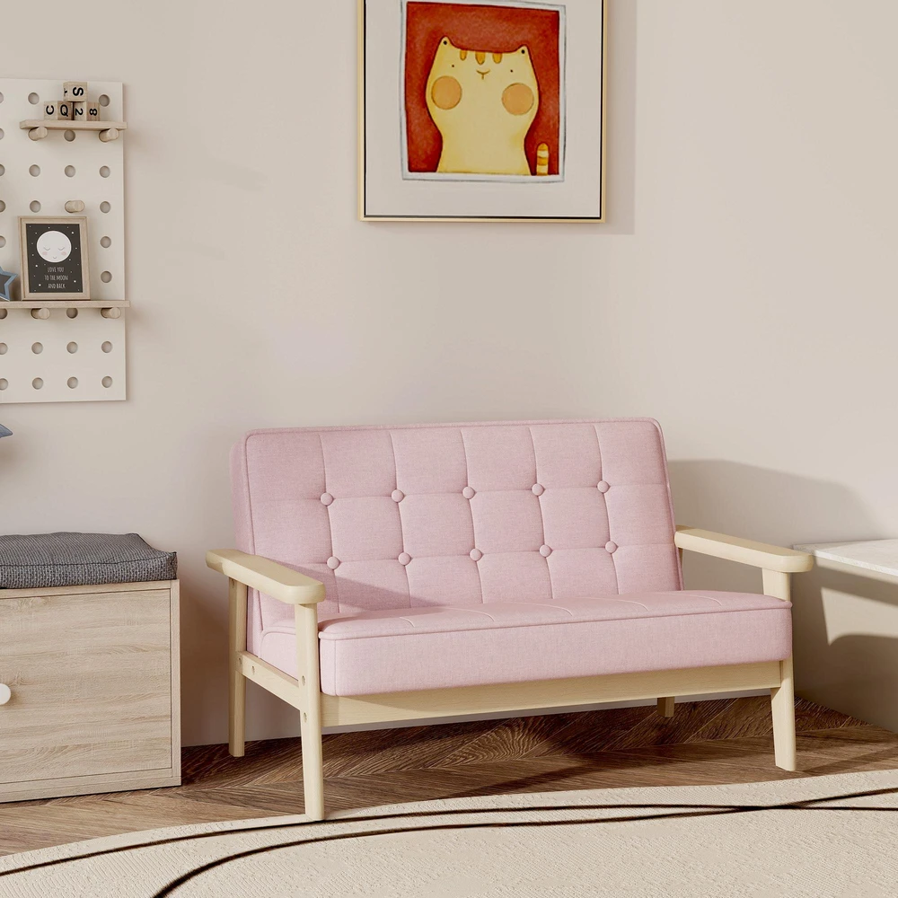 Vaikiškas fotelis, vaikiška sofa su mediniu rėmu, pliušo optika, paminkštintas, vaikams nuo 3-15 metų, rožinė