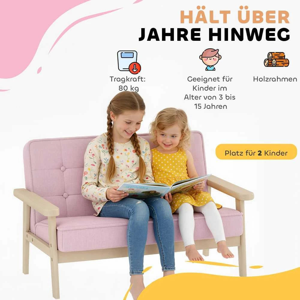 Vaikiškas fotelis, vaikiška sofa su mediniu rėmu, pliušo optika, paminkštintas, vaikams nuo 3-15 metų, rožinė