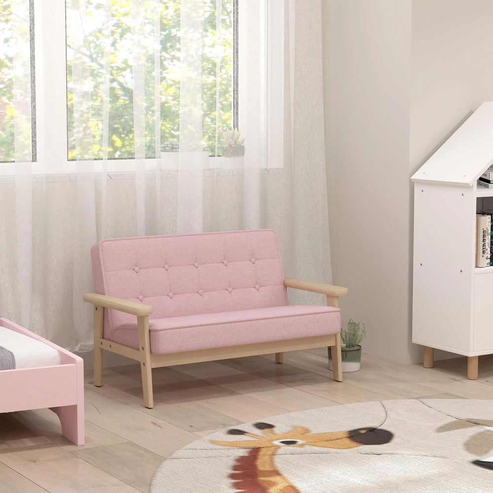 Vaikiškas fotelis, vaikiška sofa su mediniu rėmu, pliušo optika, paminkštintas, vaikams nuo 3-15 metų, rožinė