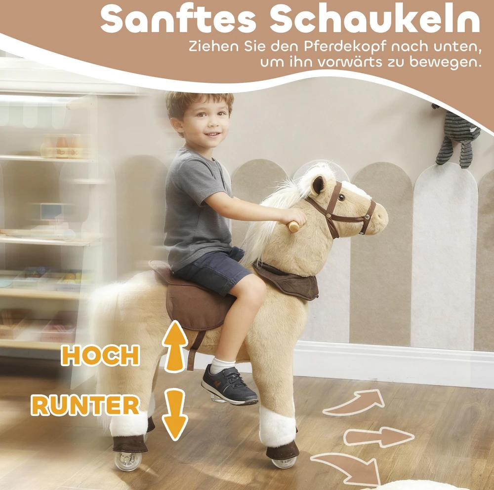 Vaikiškas jojamas arkliukas, medžiaginis apmušalas, stabilus rėmas, minkšti ratai, supamasis arkliukas, 3-5 metų, rudas