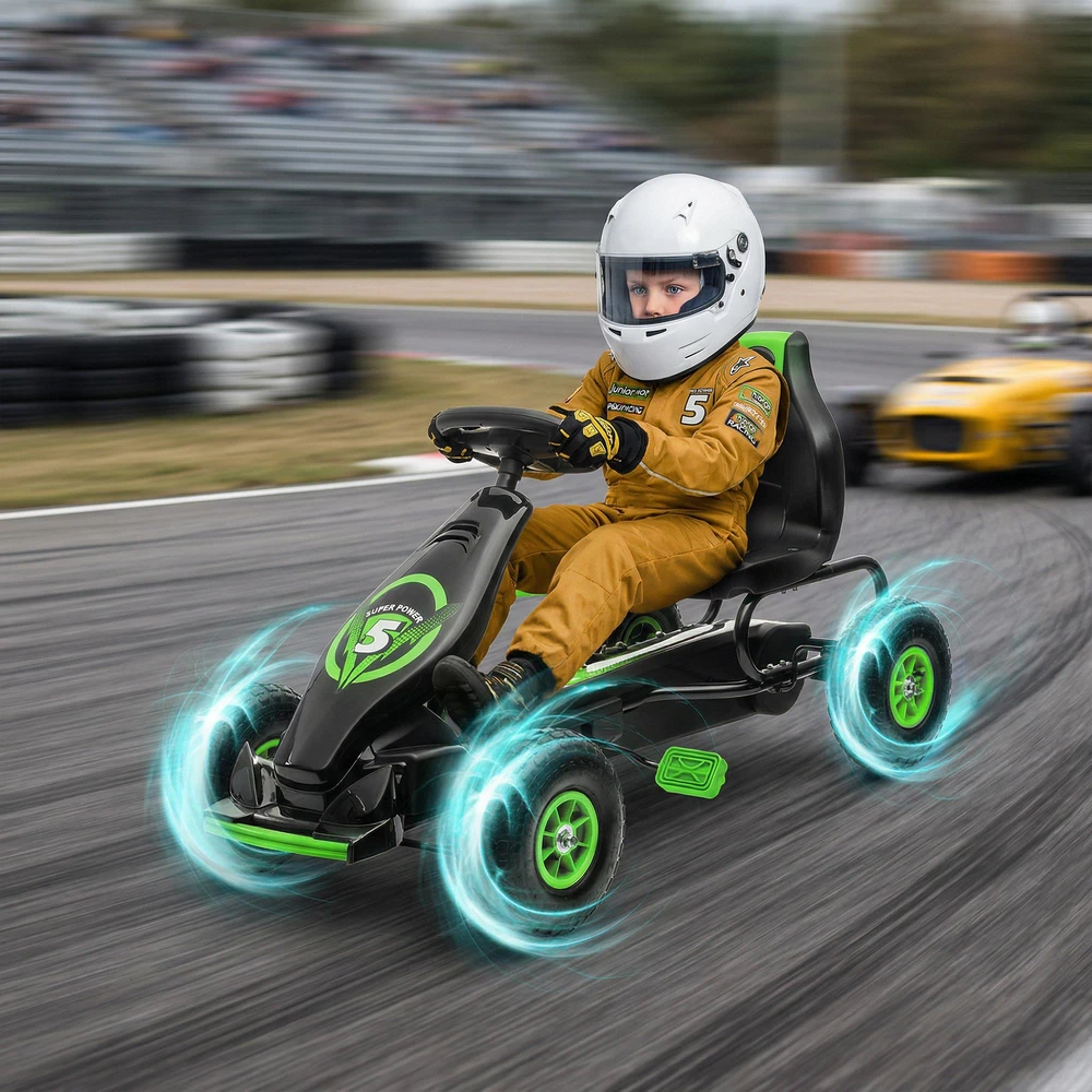 HOMCOM vaikiškas kartingas su reguliuojama sėdyne, guminėmis padangomis, pedalais ir rankiniu stabdžiu, nuo 5 metų, žalias su juoda