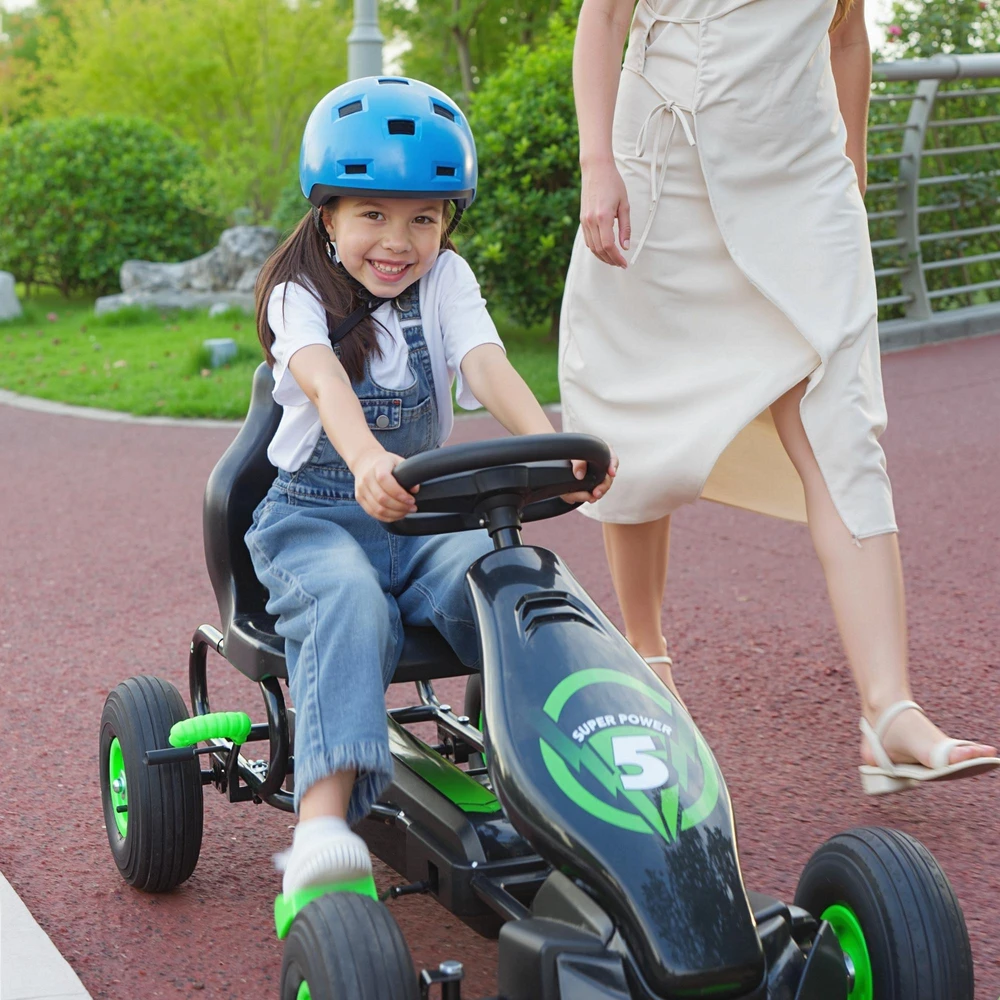 HOMCOM vaikiškas kartingas su reguliuojama sėdyne, guminėmis padangomis, pedalais ir rankiniu stabdžiu, nuo 5 metų, žalias su juoda
