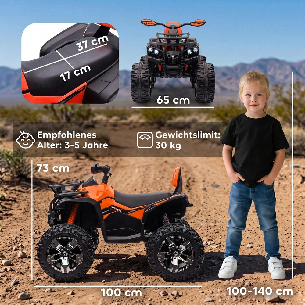 Vaikiškas keturratis HOMCOM, 12V 10Ah, su pirmyn ir atgal važiavimo funkcija, 2 varikliais, USB jungtimi, MP3 grotuvu, žibintais, 3-8 km/val., vaikams nuo 3-5 metų, oranžinis