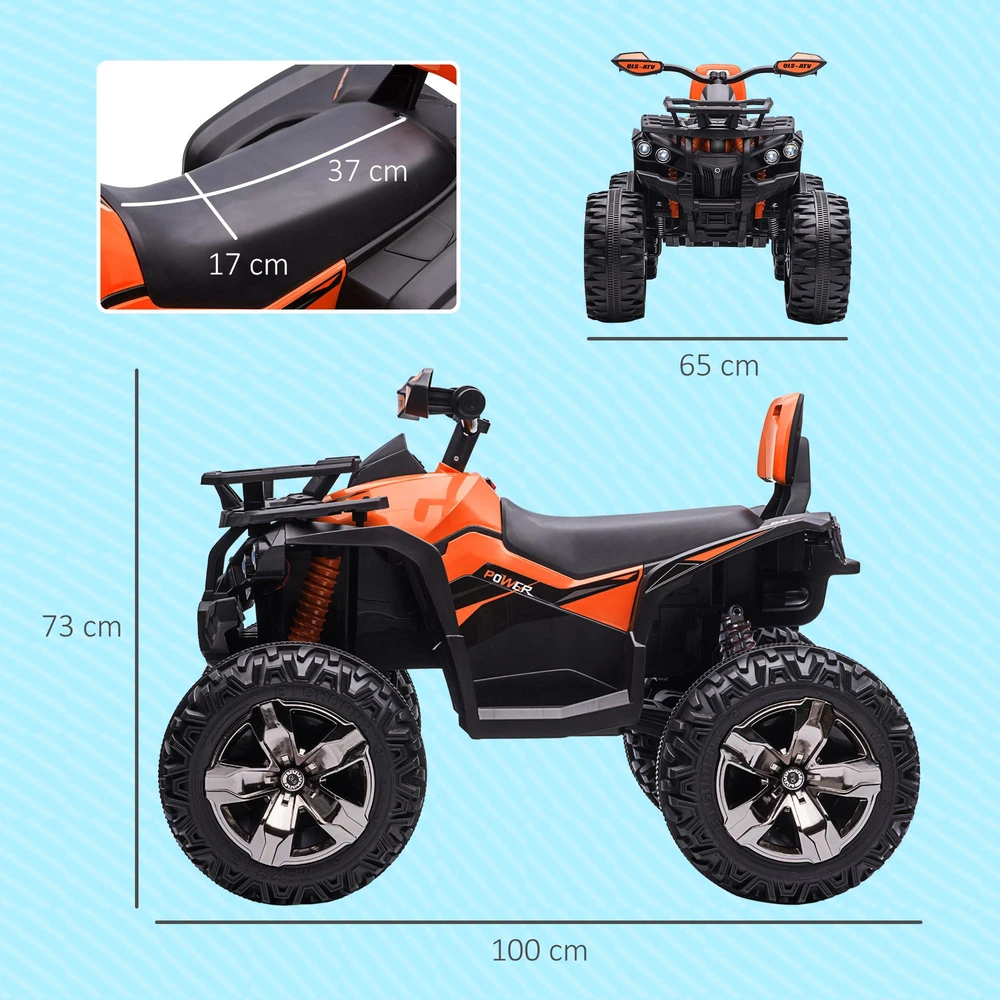 Vaikiškas keturratis HOMCOM, 12V 10Ah, su pirmyn ir atgal važiavimo funkcija, 2 varikliais, USB jungtimi, MP3 grotuvu, žibintais, 3-8 km/val., vaikams nuo 3-5 metų, oranžinis