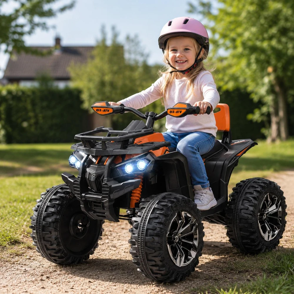 Vaikiškas keturratis HOMCOM, 12V 10Ah, su pirmyn ir atgal važiavimo funkcija, 2 varikliais, USB jungtimi, MP3 grotuvu, žibintais, 3-8 km/val., vaikams nuo 3-5 metų, oranžinis