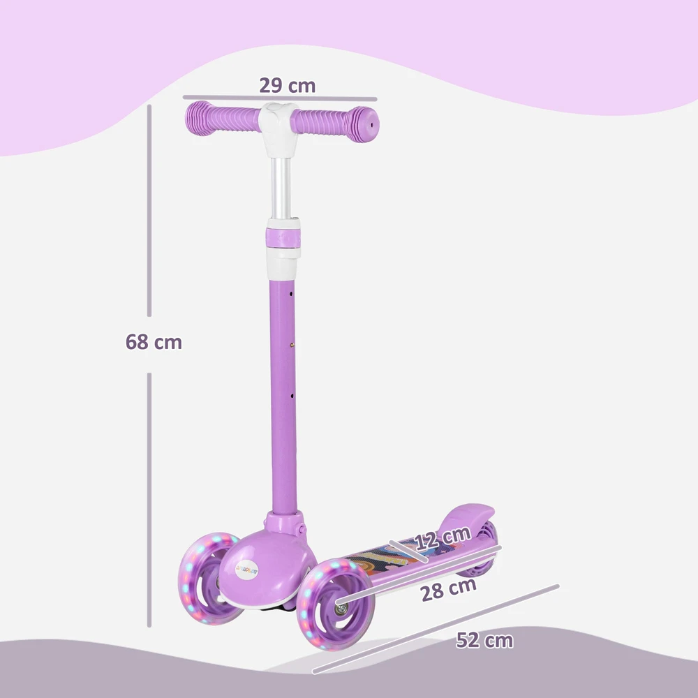 Vaikiškas paspirtukas, LED ratukai, sklandus važiavimas, reguliuojamas aukštis, plastikas, plienas, violetinis