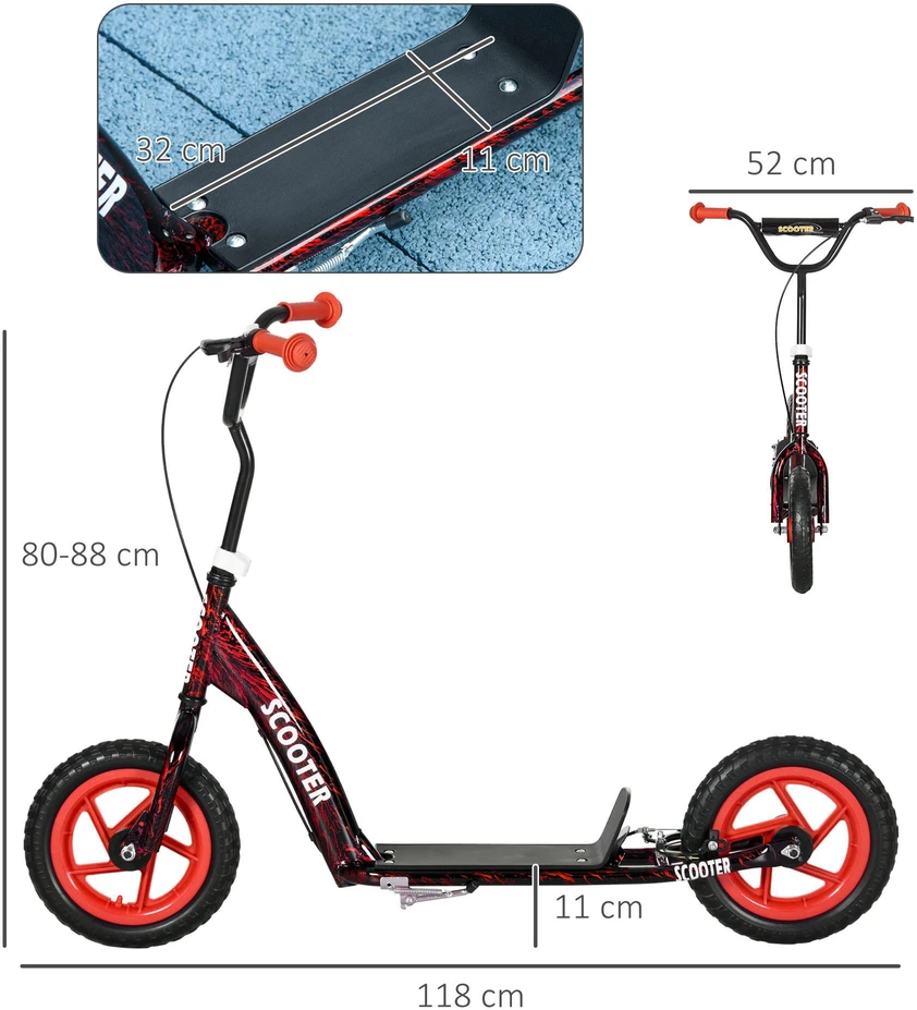 Vaikiškas paspirtukas, reguliuojamo aukščio paspirtukas vaikams, su stabdžiu, stoveliu, 2 ratai, 50 kg keliamoji galia, plienas, plastikas, raudonas