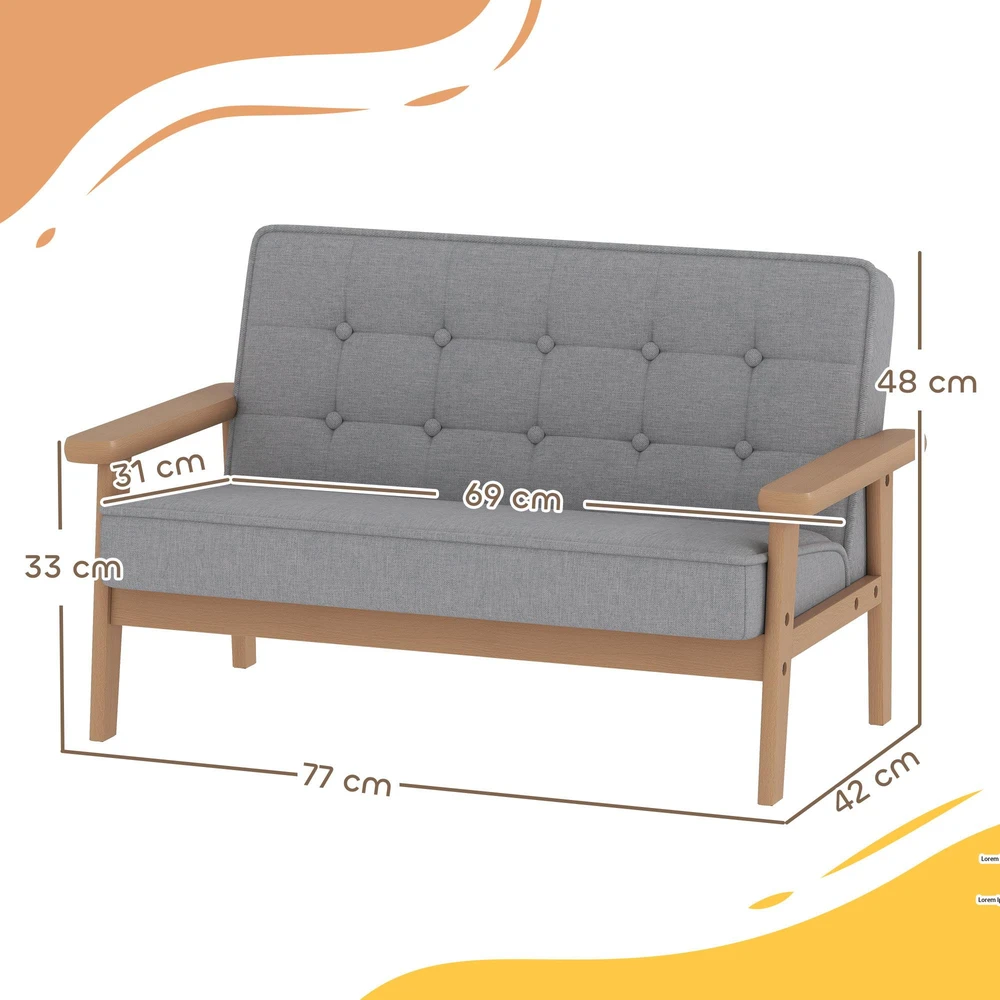 Vaikiškas fotelis, dvivietė vaikiška sofa su mediniu rėmu, pilka, 3-15 metų vaikams
