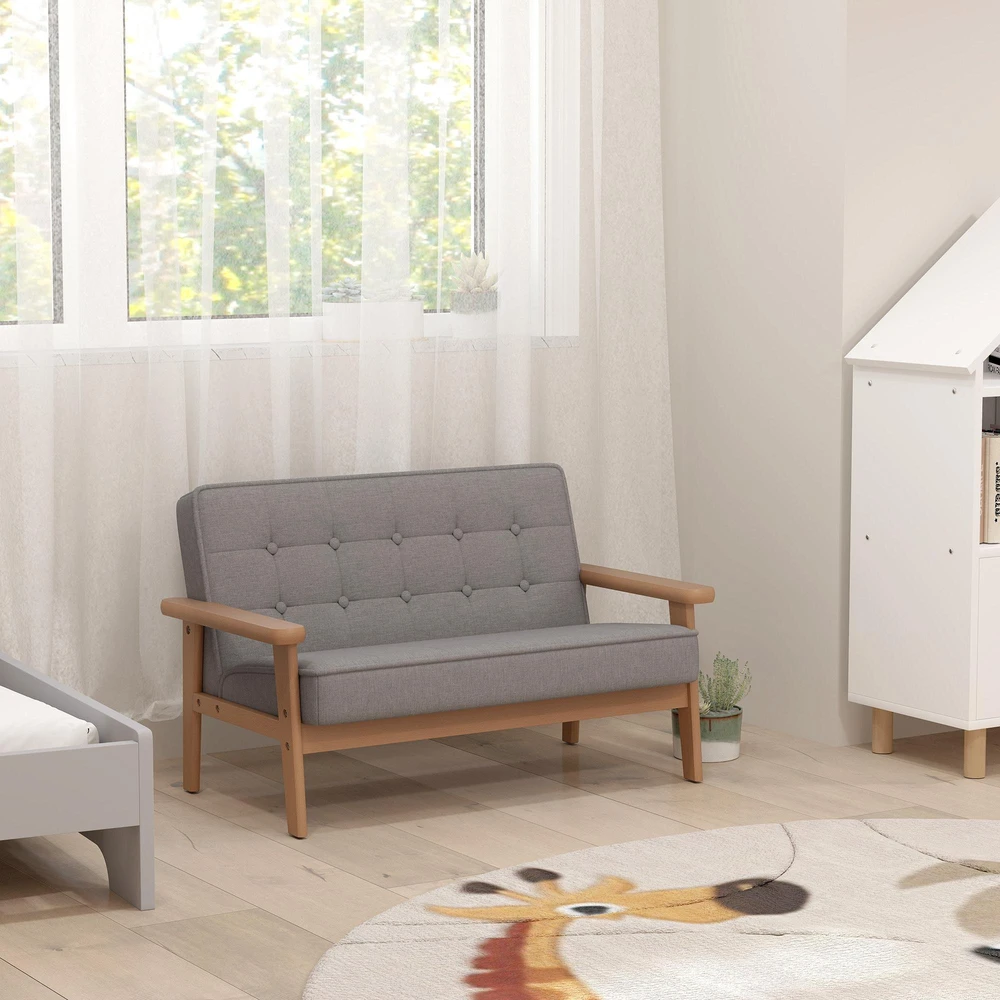 Vaikiškas fotelis, dvivietė vaikiška sofa su mediniu rėmu, pilka, 3-15 metų vaikams