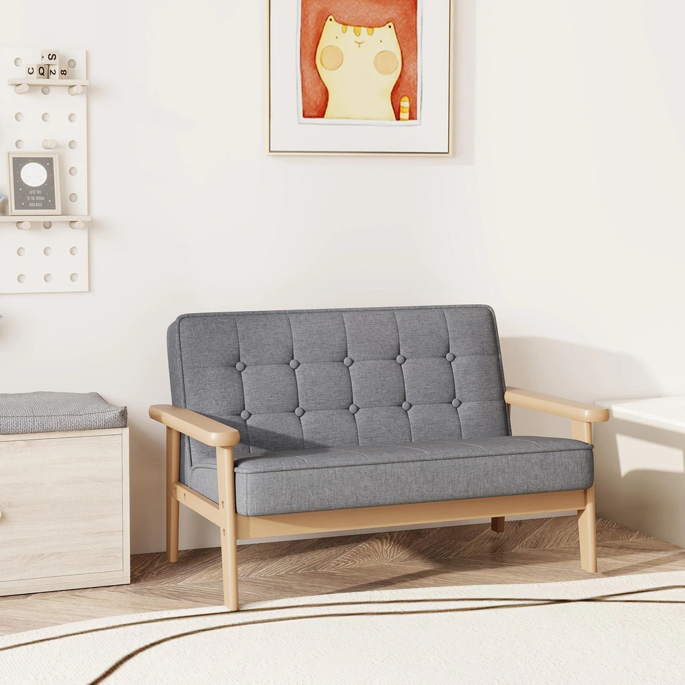 Vaikiškas fotelis, dvivietė vaikiška sofa su mediniu rėmu, pilka, 3-15 metų vaikams