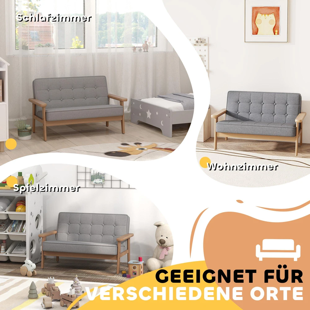 Vaikiškas fotelis, dvivietė vaikiška sofa su mediniu rėmu, pilka, 3-15 metų vaikams