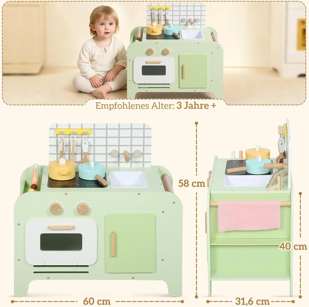 Vaikiškas virtuvėlės rinkinys, MDF, 15 priedų, spintelės, 40 cm, nuo 3 metų, žalia