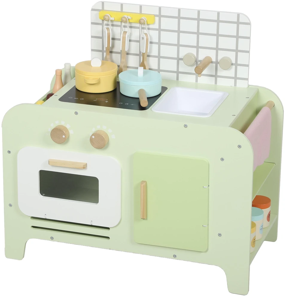 Vaikiškas virtuvėlės rinkinys, MDF, 15 priedų, spintelės, 40 cm, nuo 3 metų, žalia