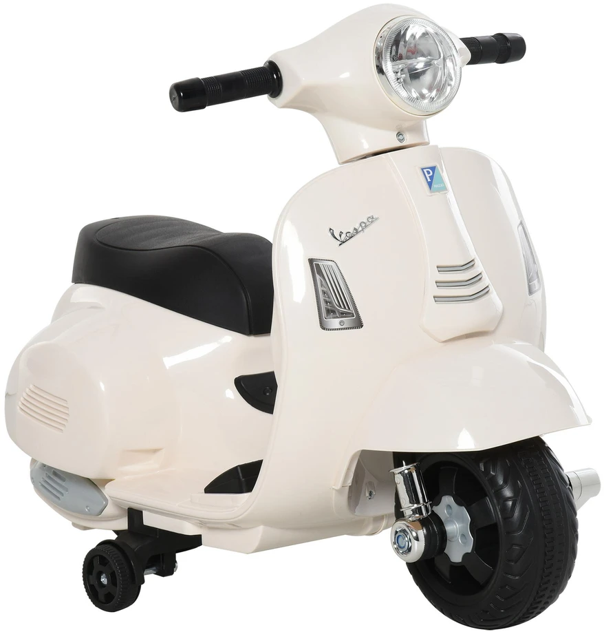 HOMCOM VESPA elektrinis motociklas vaikams, 18-36 mėn., 3 km/h, LED šviesa & garsas, PP plastikas & metalas, baltas, 66,5x38x52cm