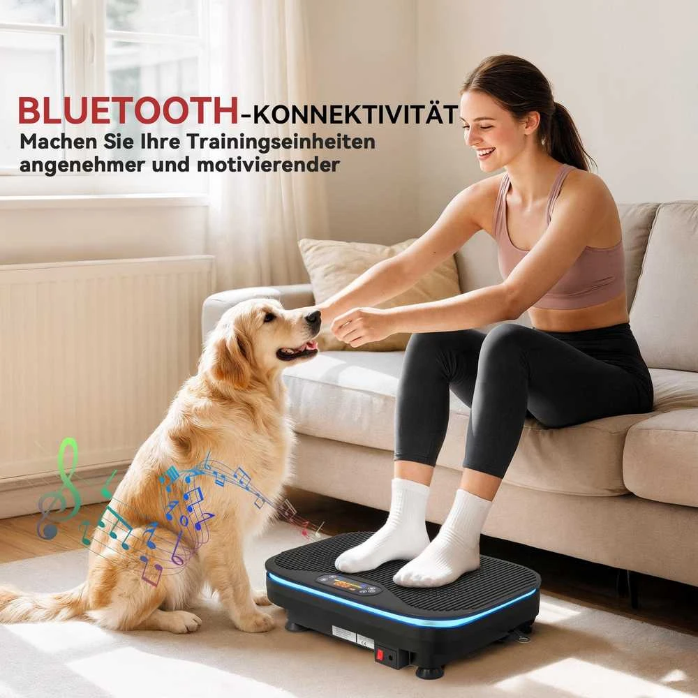 Vibracinė platforma mankštai, su „Bluetooth“ funkcija, nuotolinio valdymo pulteliu, 99 greičio lygiais, plastikas, plienas, juoda
