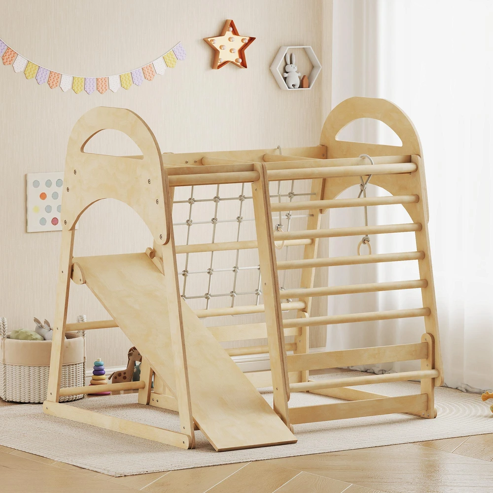 Vidaus laipiojimo rėmas, 6-in-1 dizainas, čiuožykla, laipiojimo strypai, laipiojimo sienelė, kopėčios, laipiojimo tinklas, 3-6 metai, medinis