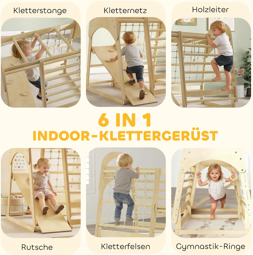 Vidaus laipiojimo rėmas, 6-in-1 dizainas, čiuožykla, laipiojimo strypai, laipiojimo sienelė, kopėčios, laipiojimo tinklas, 3-6 metai, medinis