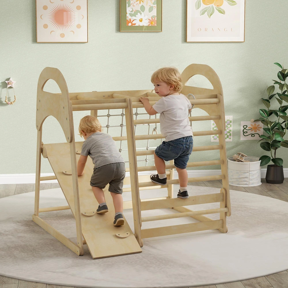 Vidaus laipiojimo rėmas, 6-in-1 dizainas, čiuožykla, laipiojimo strypai, laipiojimo sienelė, kopėčios, laipiojimo tinklas, 3-6 metai, medinis