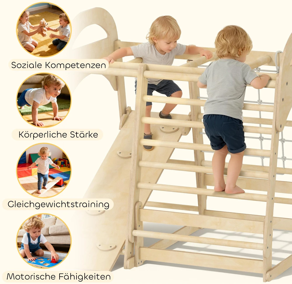 Vidaus laipiojimo rėmas, 6-in-1 dizainas, čiuožykla, laipiojimo strypai, laipiojimo sienelė, kopėčios, laipiojimo tinklas, 3-6 metai, medinis