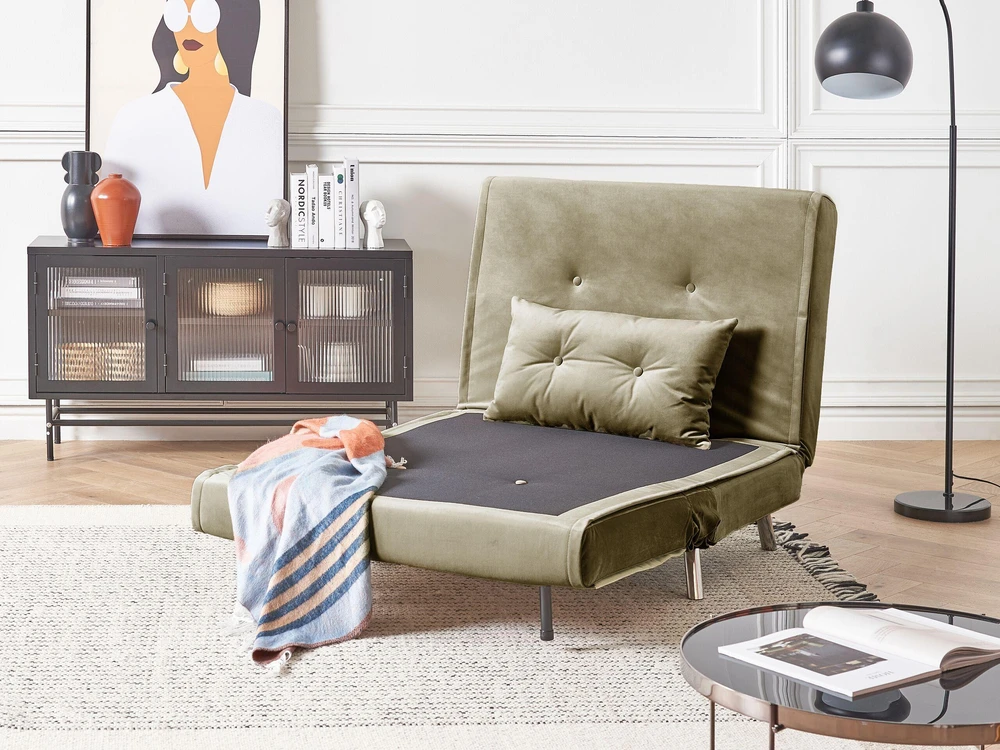 Viengulė išskleidžiama sofa BELIANI FARRIS alyvuogių spalvos veliūras