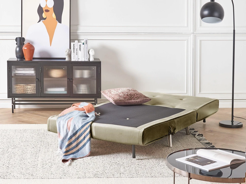 Viengulė išskleidžiama sofa BELIANI FARRIS alyvuogių spalvos veliūras
