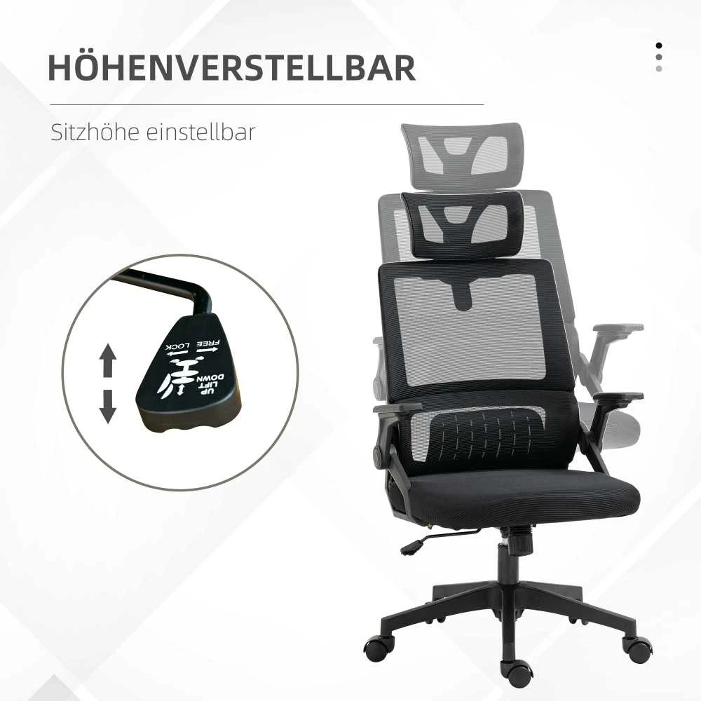 Ergonomiška biuro kėdė Vinsetto, reguliuojama, su galvos atrama, porankiais ir supimosi funkcija, juoda