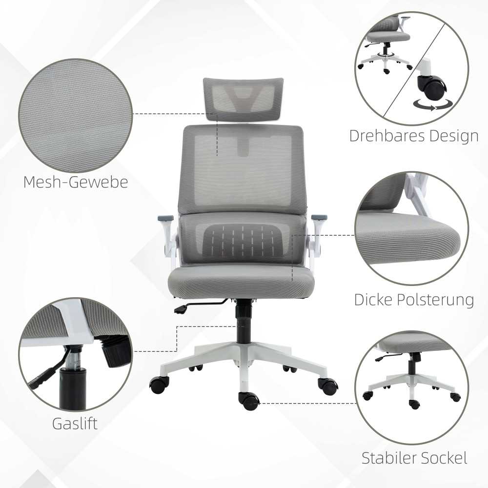Vinsetto ergonomiška biuro kėdė, reguliuojama rašomojo stalo kėdė su galvos atrama, porankiais, reguliuojamu aukščiu, besisukanti, su supimosi funkcija, juosmens atrama, tinklelis