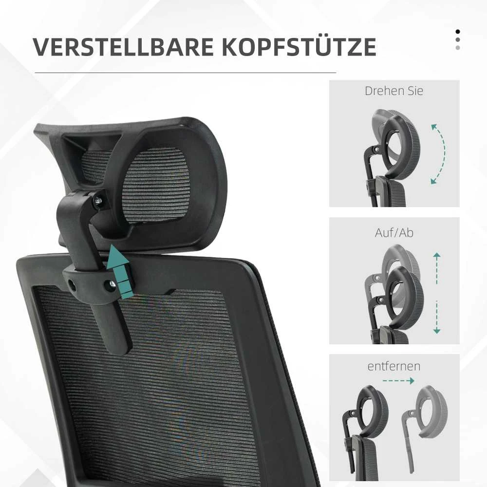 Ergonomiška biuro kėdė Vinsetto, reguliuojama, su galvos atrama, porankiais ir supimosi funkcija, juoda