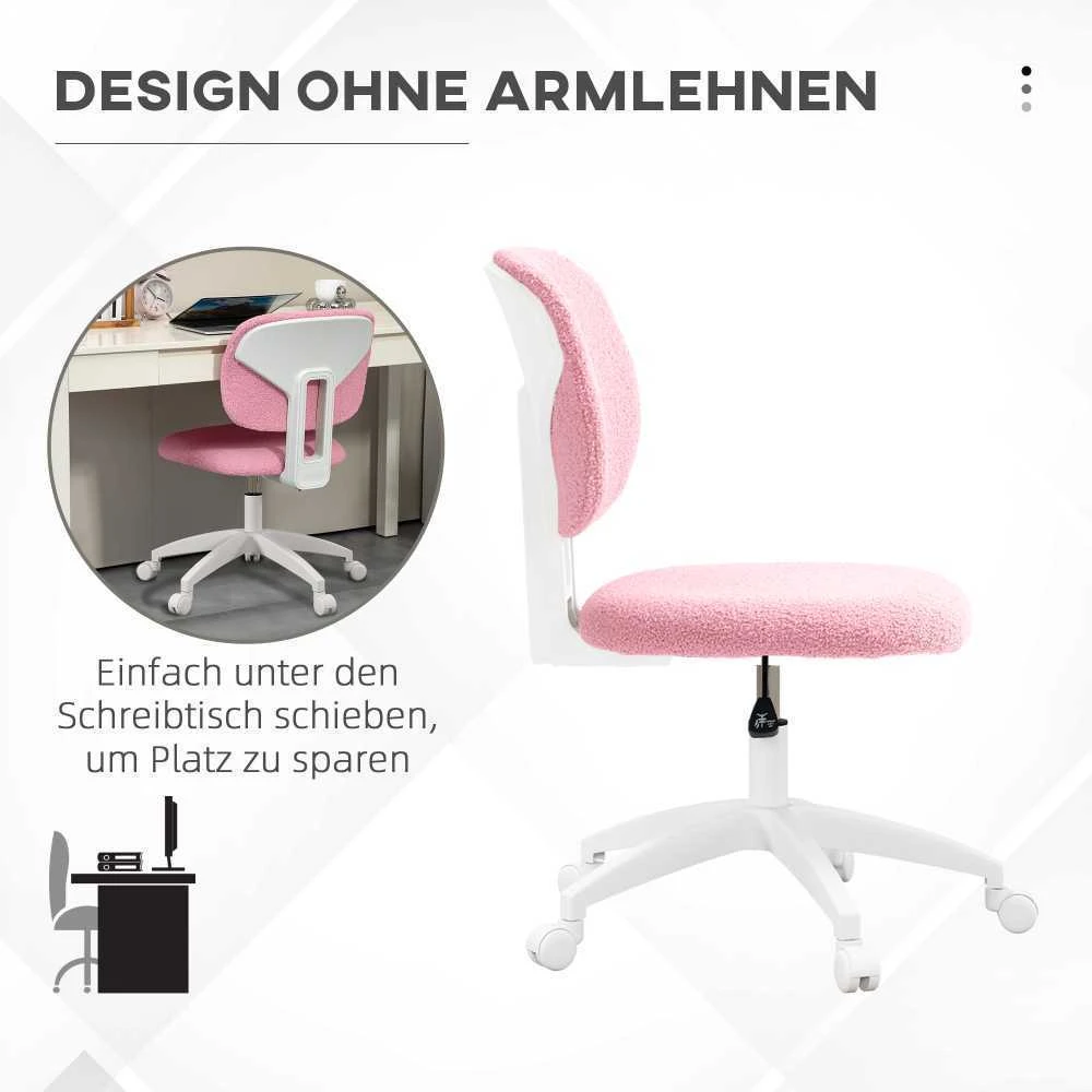 Vinsetto biuro kėdė, ergonomiška darbo kėdė, reguliuojamo aukščio kompiuterio kėdė be porankių, besisukanti kėdė, aksominė, rožinė