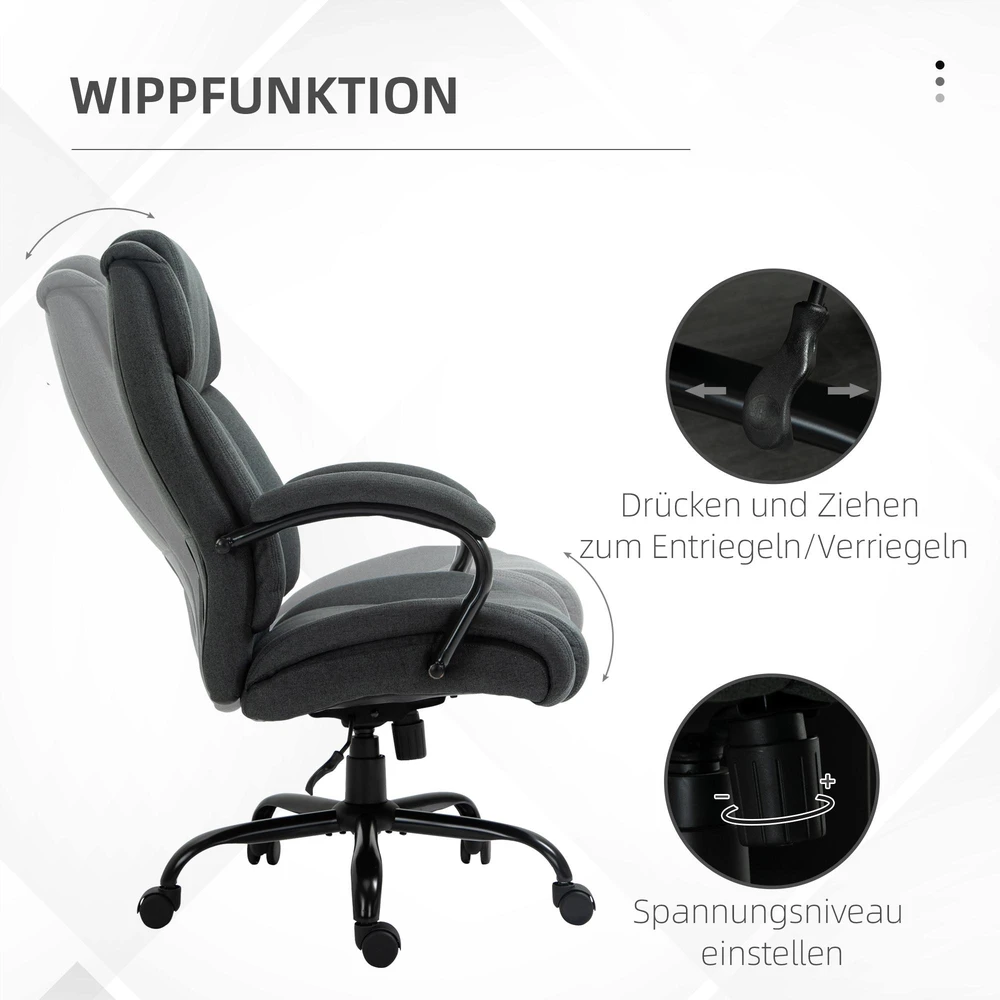 Vinsetto biuro kėdė, ergonomiška darbo kėdė, besisukanti kėdė su paminkštintais porankiais, keliamoji galia iki 220 kg, pilka