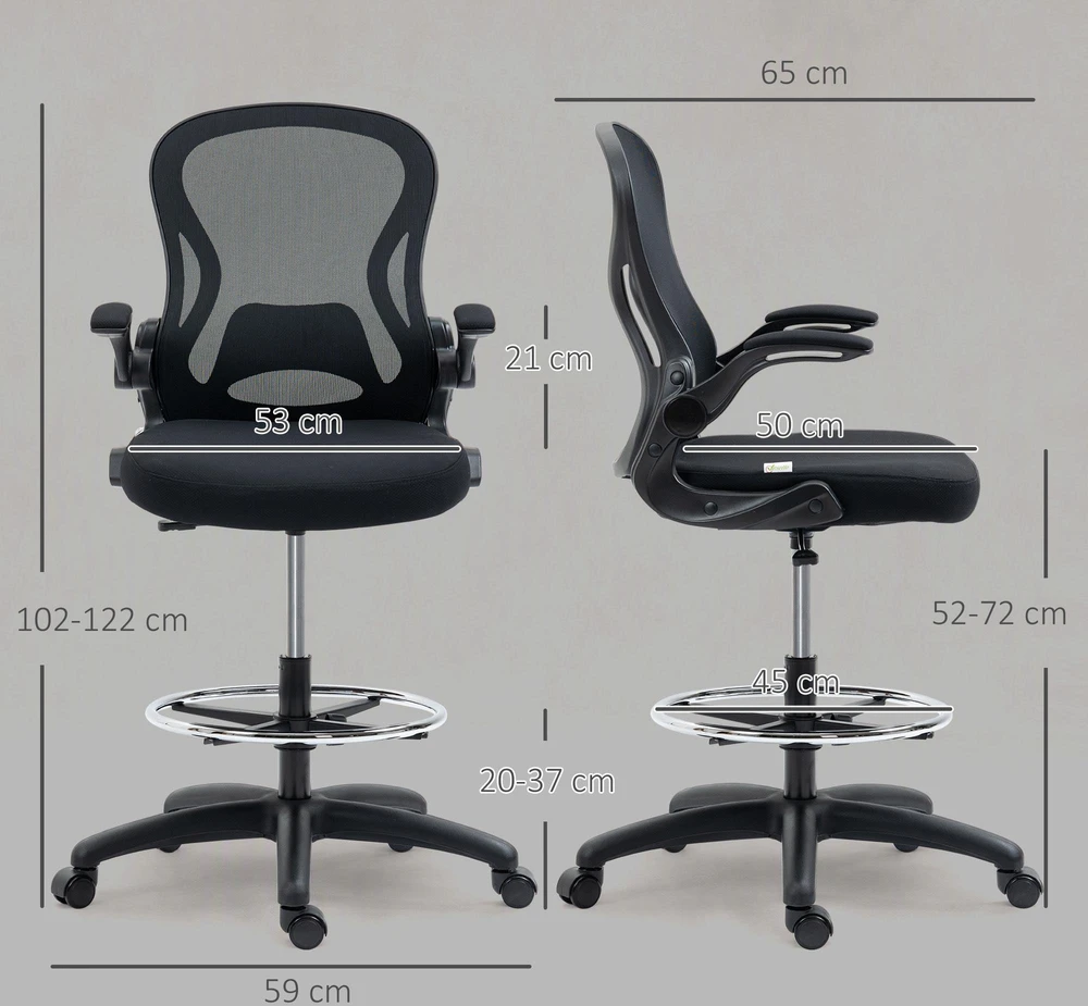 Vinsetto biuro kėdė, ergonomiška darbo kėdė su reguliuojamu kojų žiedu, 110-130 cm aukščio, su ratukais ir juosmens atrama, juoda
