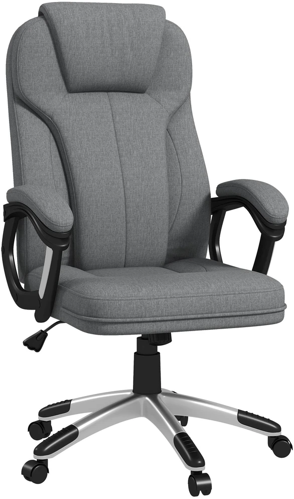Vinsetto biuro kėdė, ergonomiška kompiuterinė kėdė su supimosi funkcija, reguliuojamu aukščiu, galvos atrama, porankiais, pilka, lininis audinys, 66x75x110–120 cm