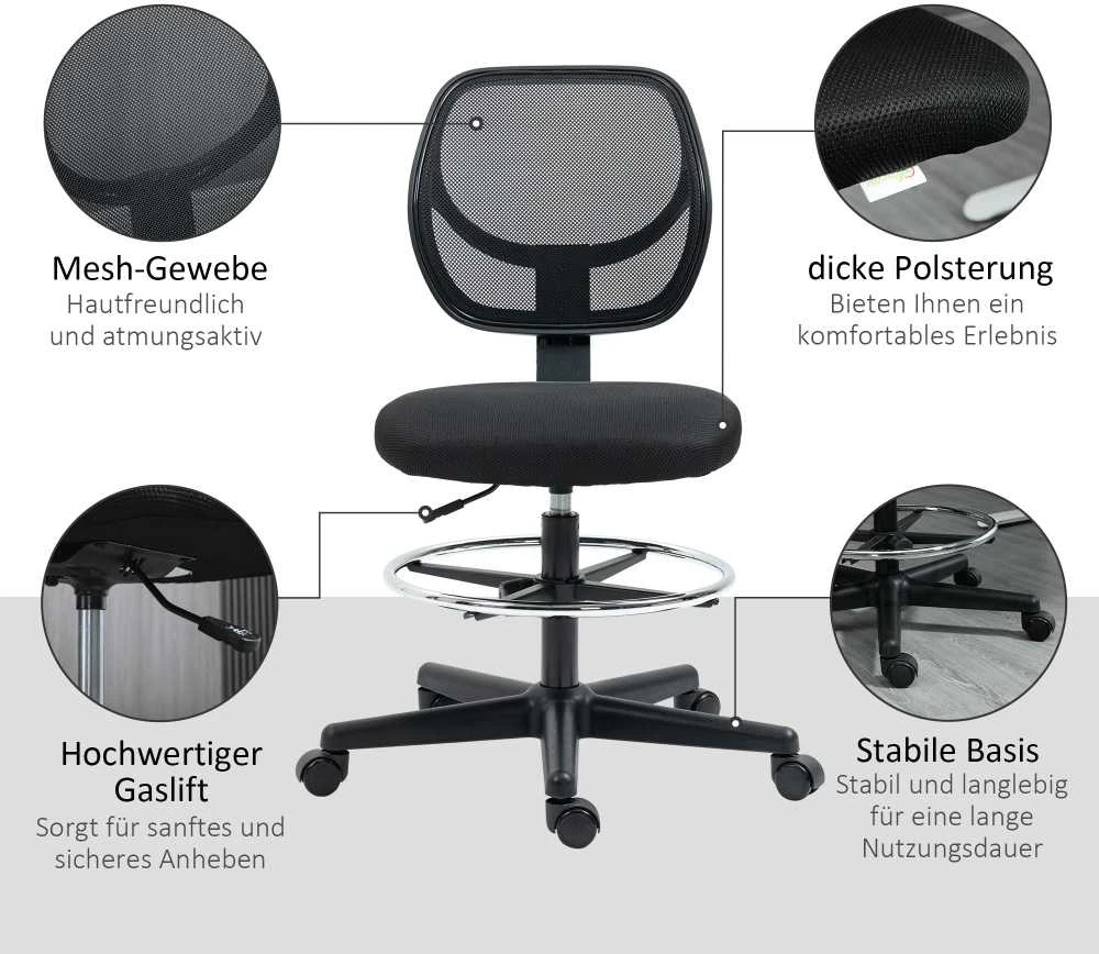 Vinsetto biuro kėdė ergonomiška pasukama kėdė su reguliuojamu kojų žiedu, reguliuojamo aukščio 93-113 cm, su ratukais, juoda
